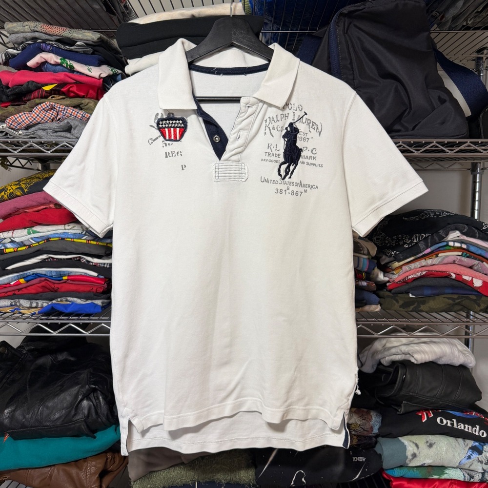 Polo Ralph Lauren Polo Shirt Mens M White Big Pony Graphic Custom Fit Short Slv